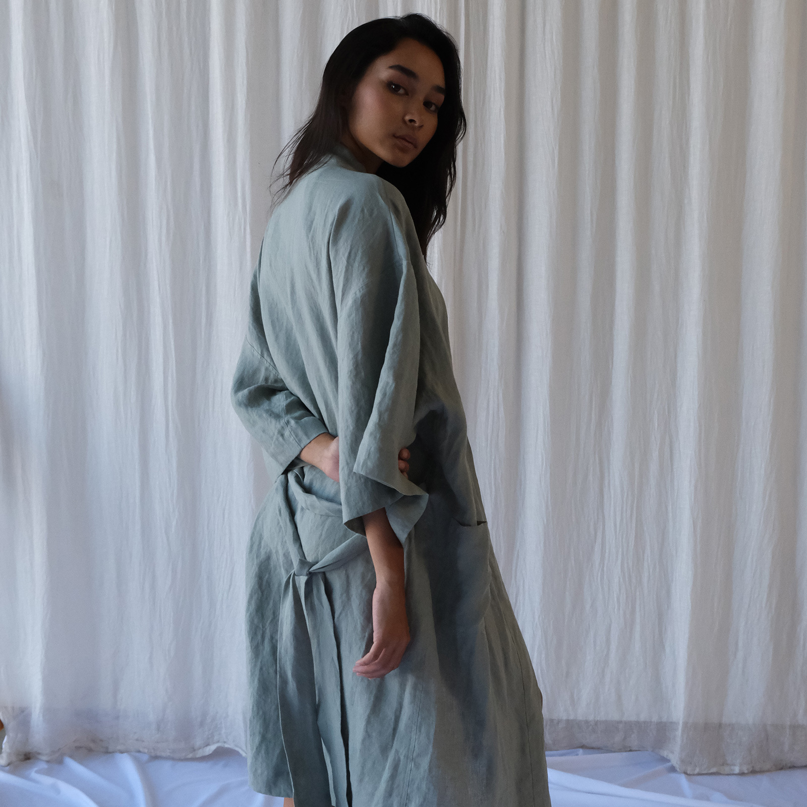 French Linen Robe in Sage