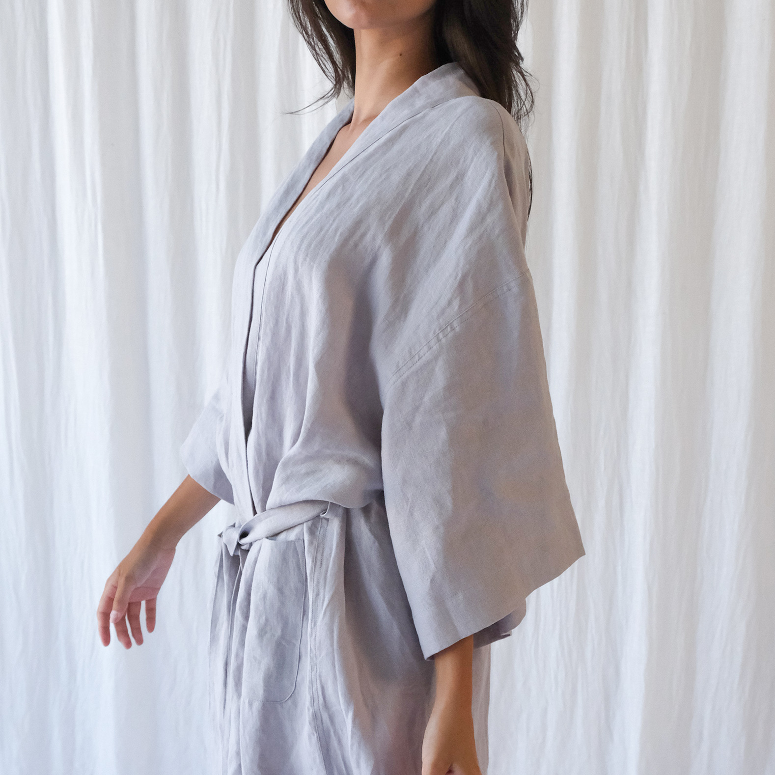 French Linen Robe in Soft Grey