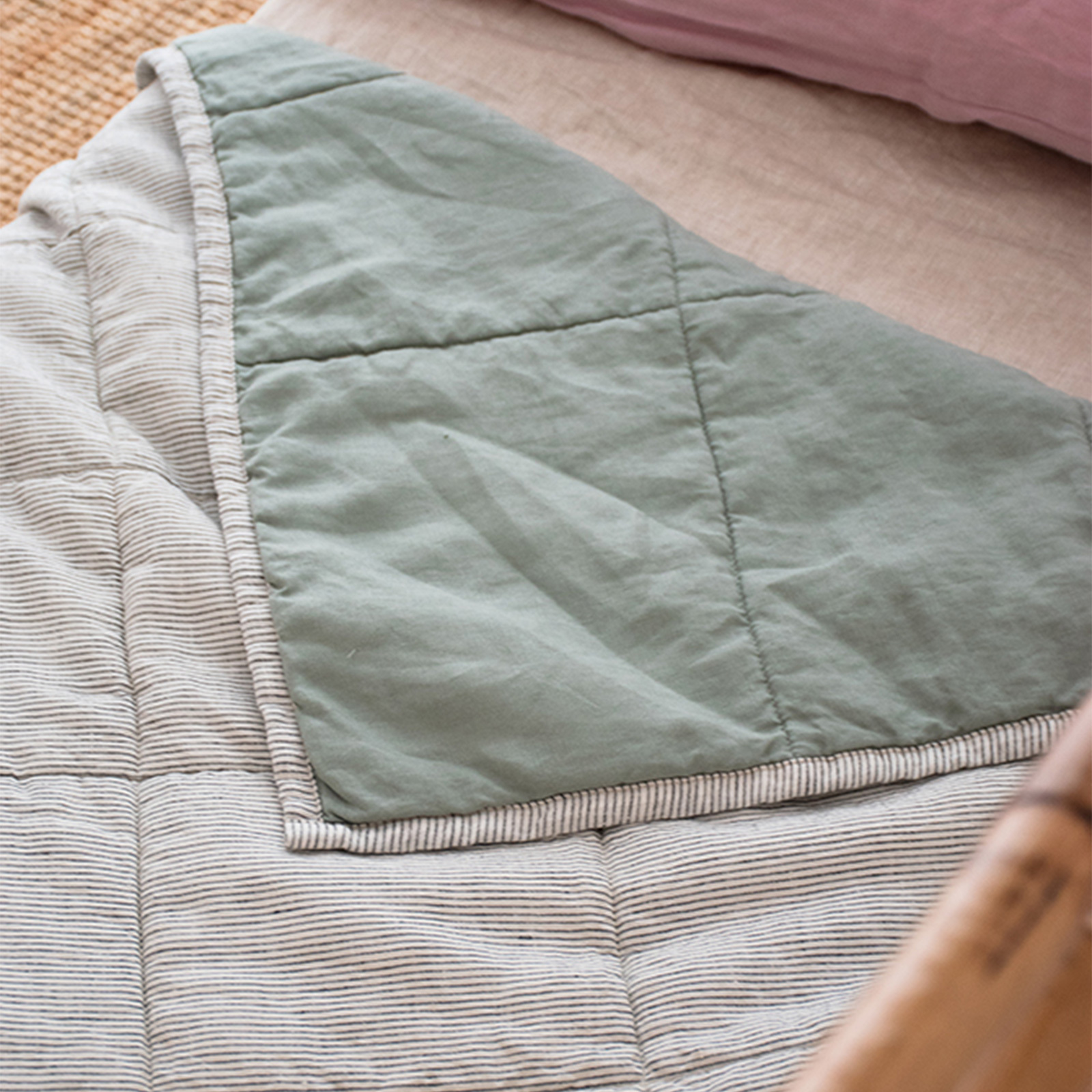 Pinstripe & Sage French linen Cot Duvet/Play Mat