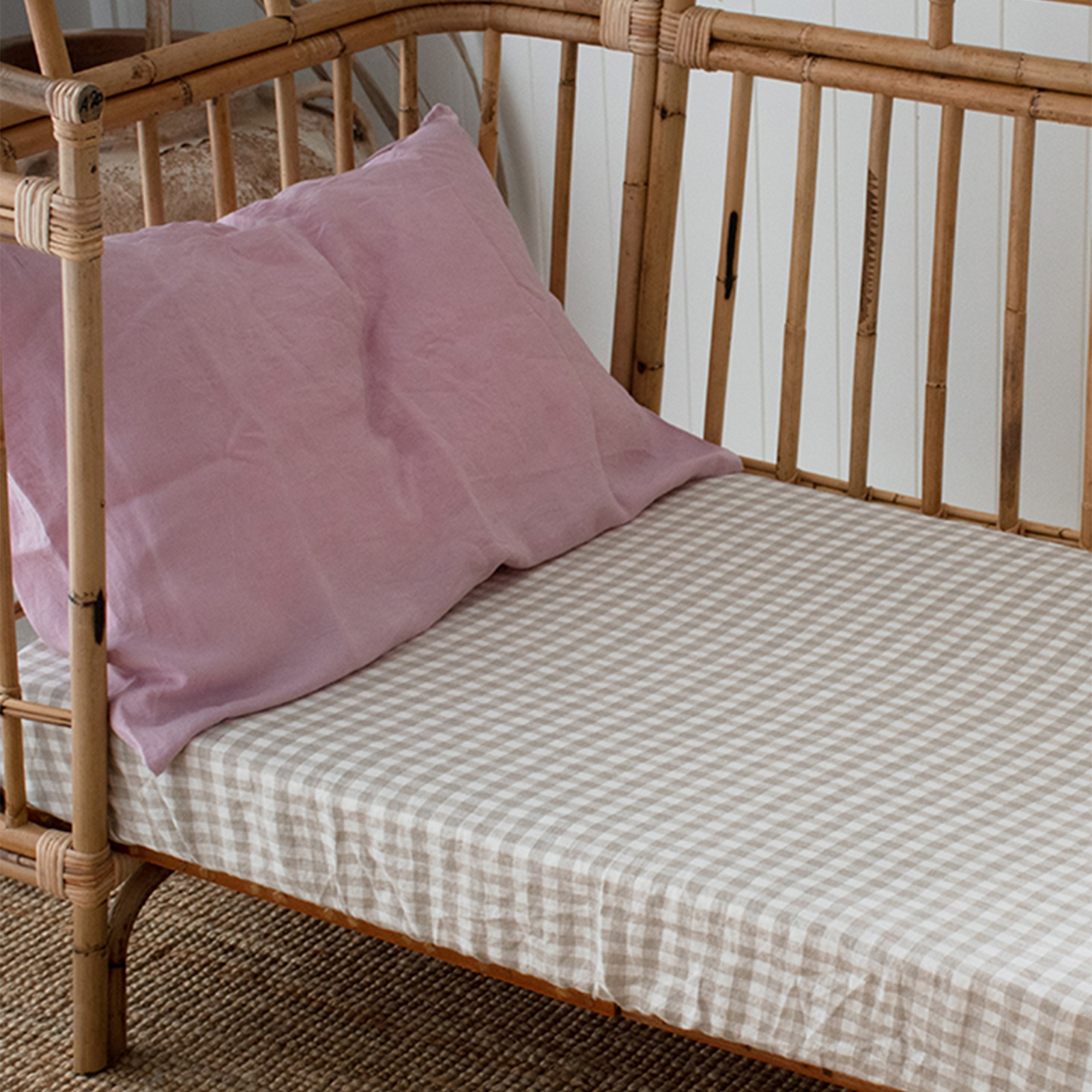 Beige Gingham French linen Cot Sheet