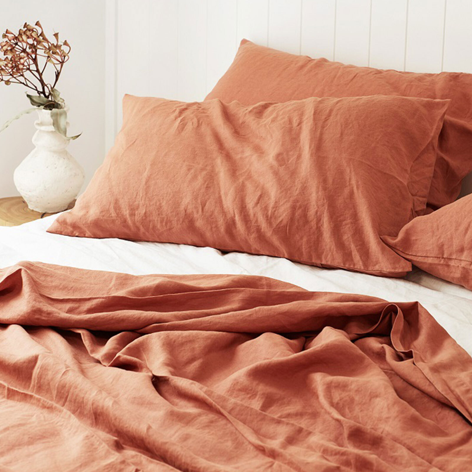 100% pure French linen sheet set in Desert Rose