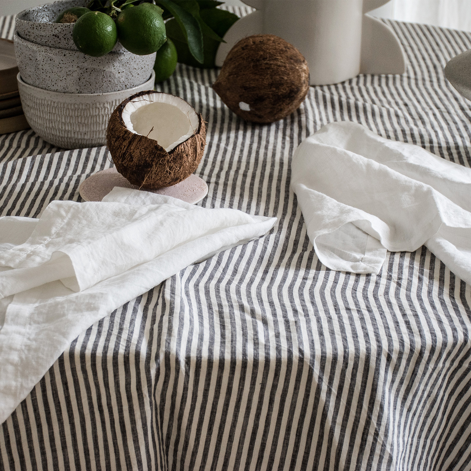 French Linen Table Cloth in Charcoal Stripes