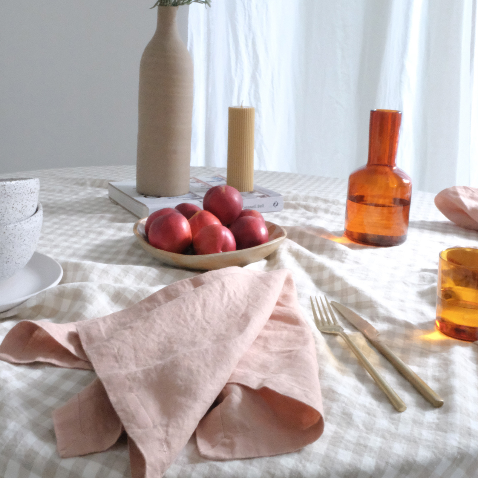 French linen Table Cloth in Beige Gingham