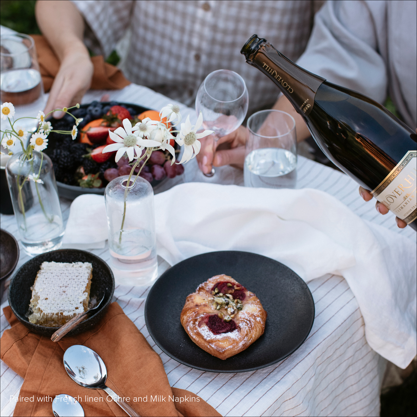 French Linen Table Cloth in Cocoa Stripe