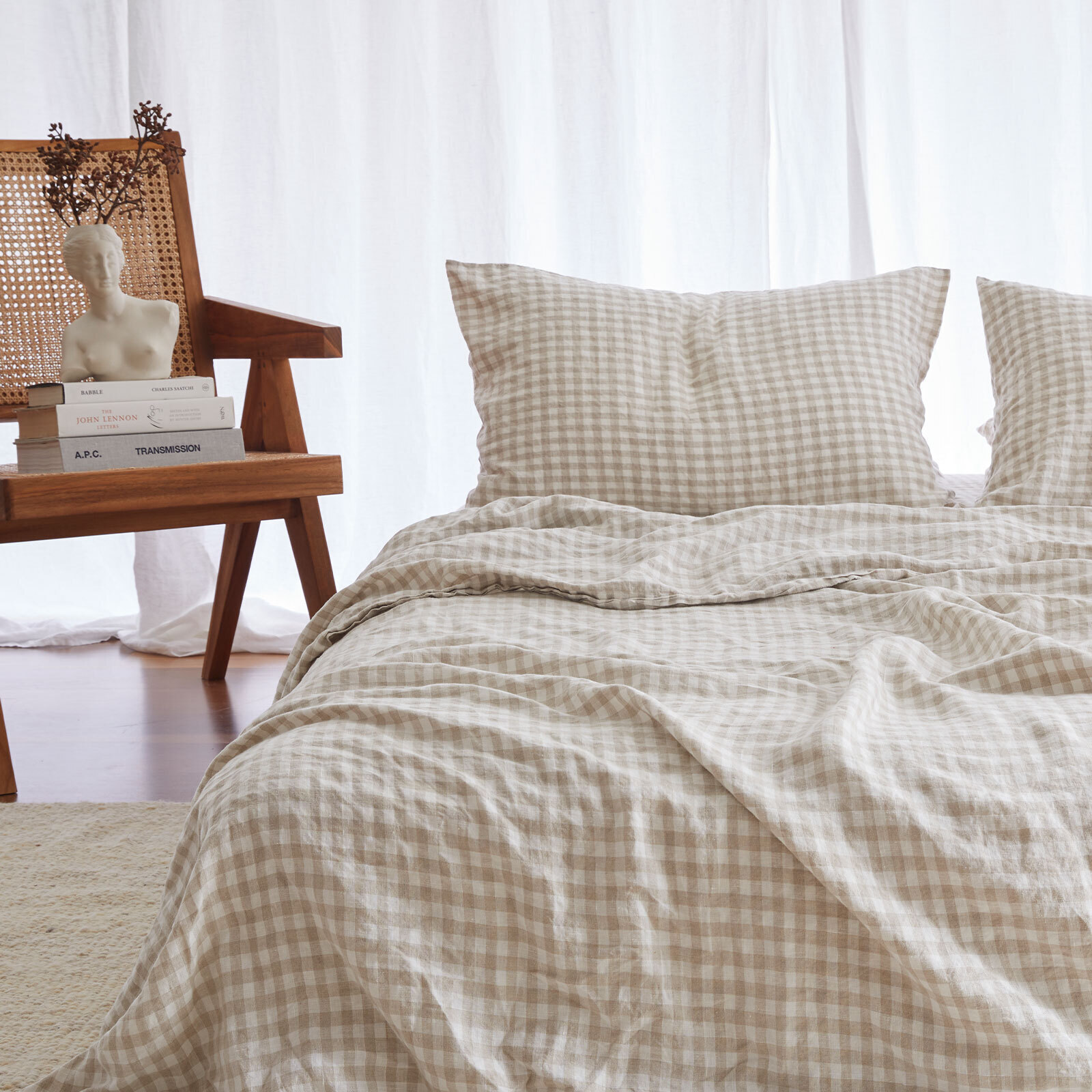 100% pure French linen Duvet Cover in Beige Gingham