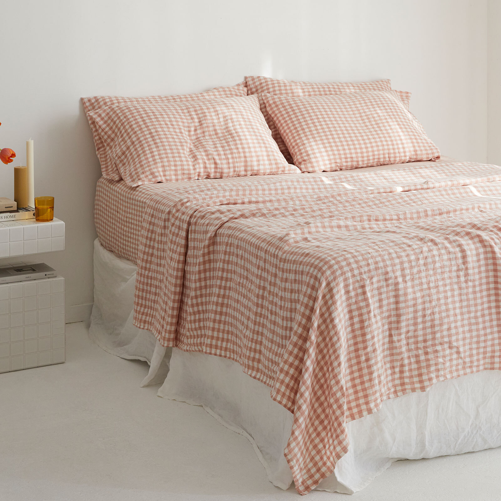 100% pure French linen Sheet Set in CLAY Gingham