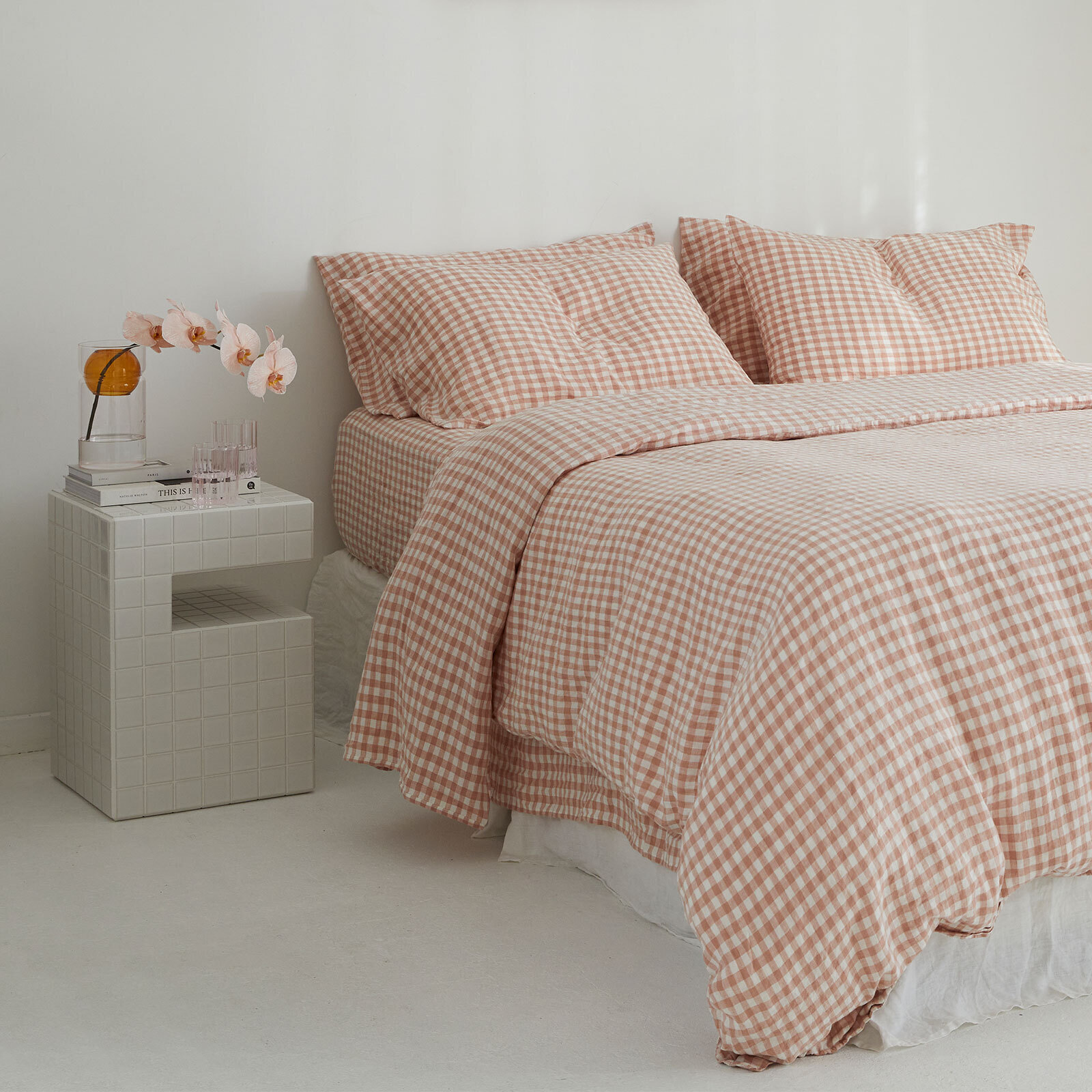 100% pure French linen Duvet Cover in CLAY Gingham