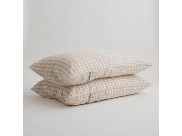 KING SIZE 100% Pure Linen Beige Gingham Pillowcase Set (2)