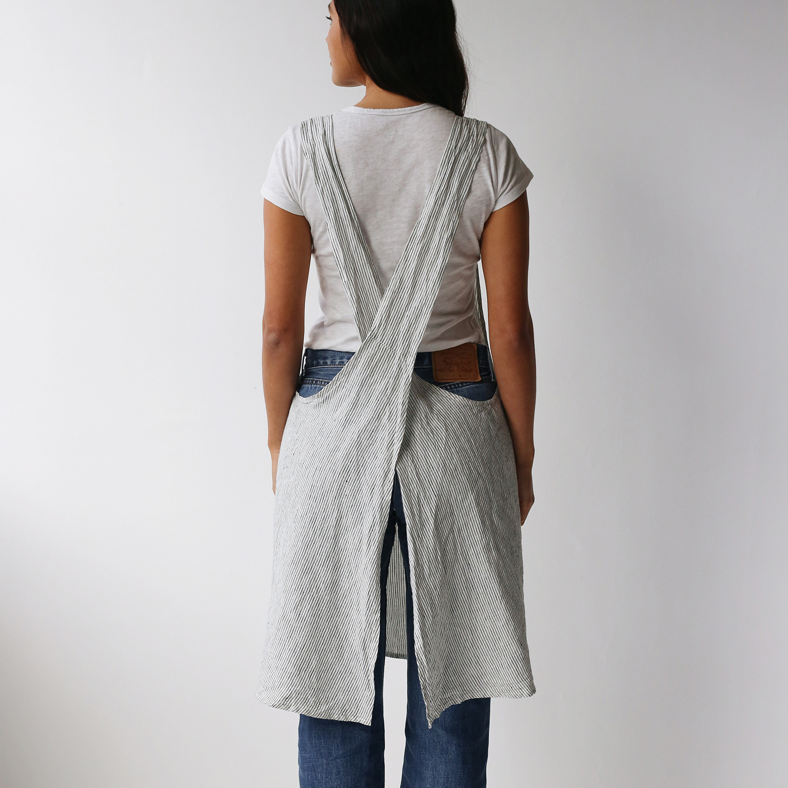 French linen Apron in Pinstripe
