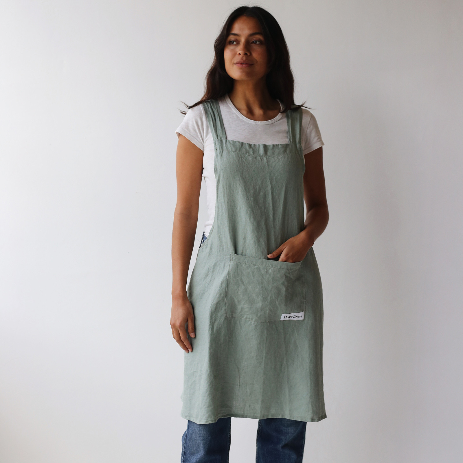 French linen Apron in Sage