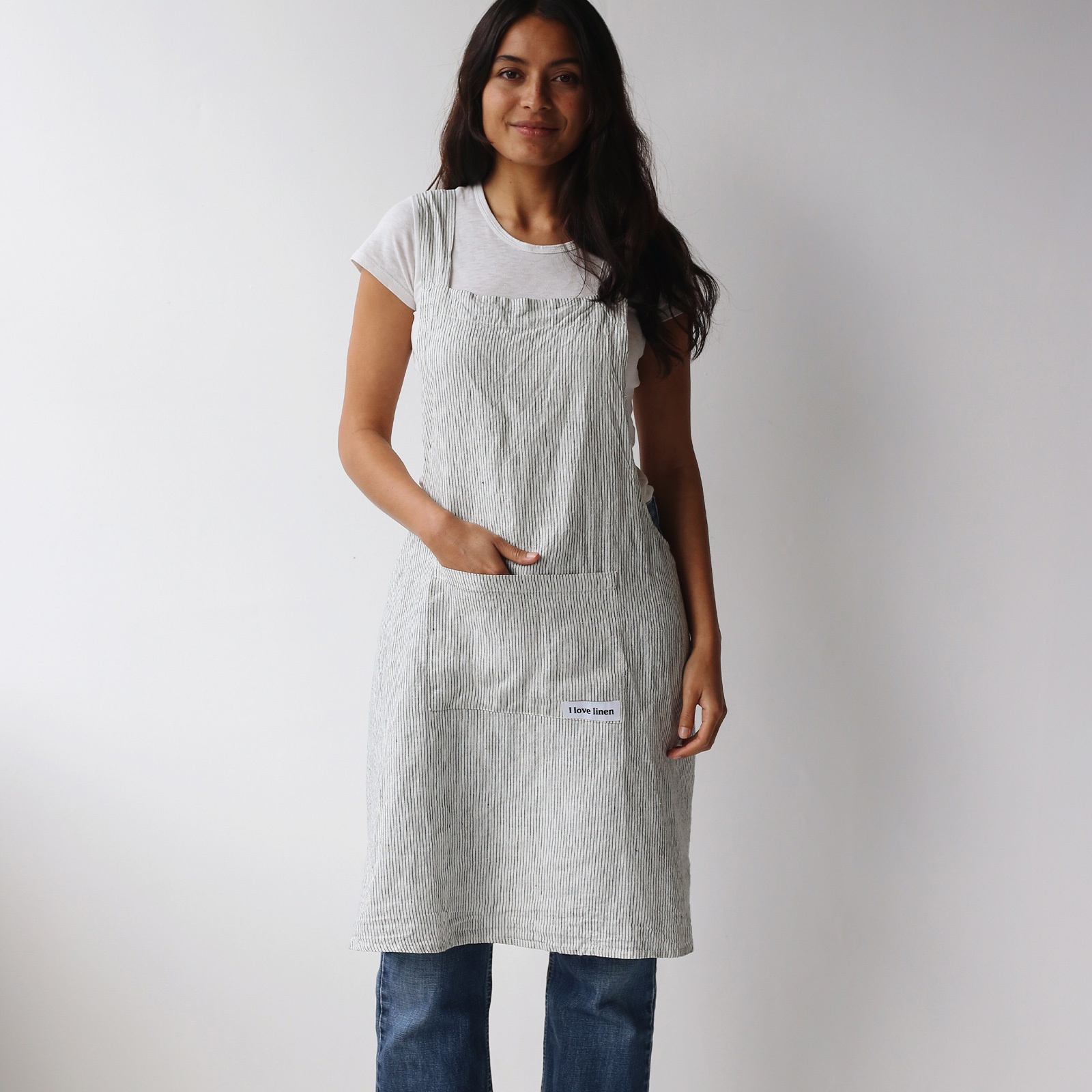 Linen Apron Cross Back with Two Pockets - stonewashed linen - pure