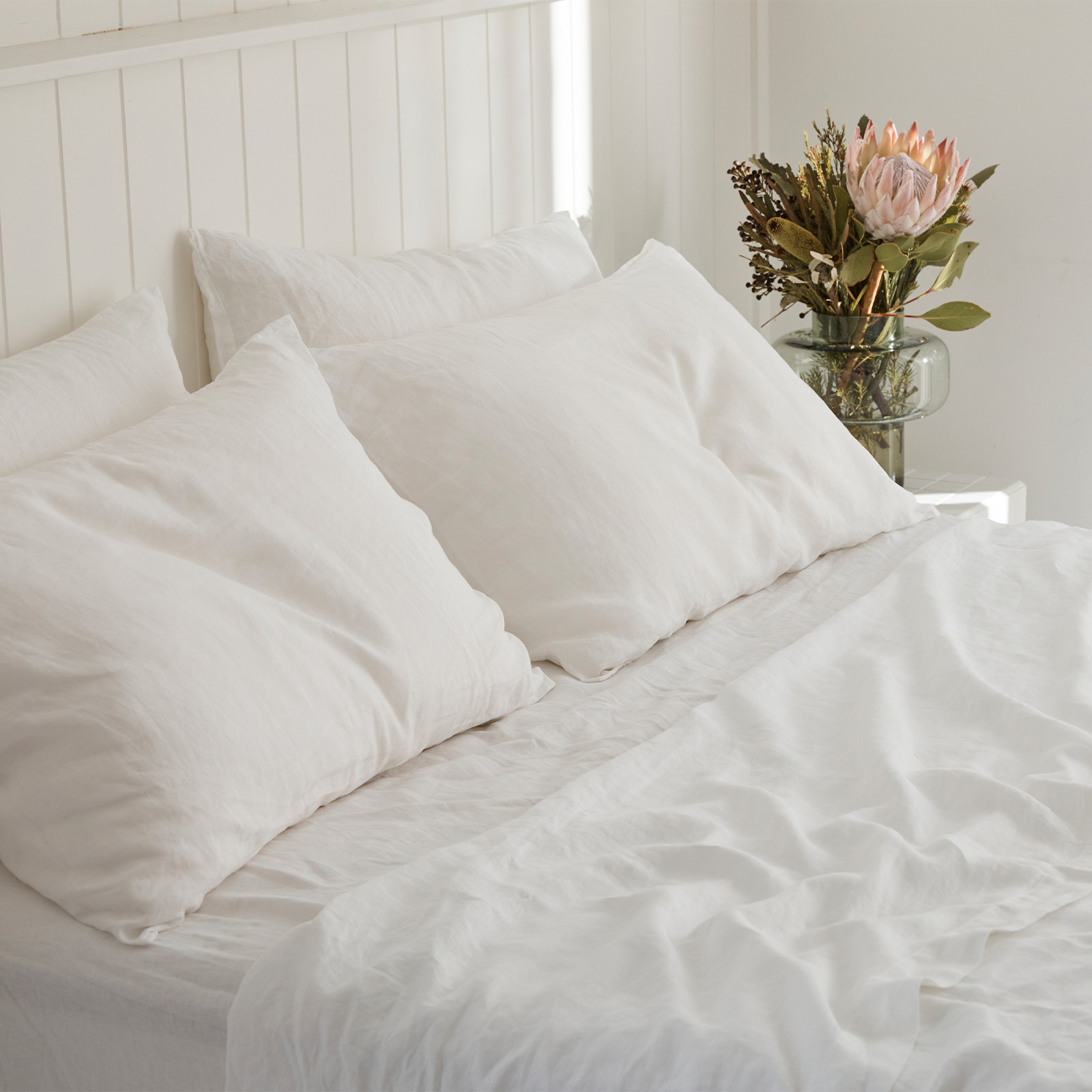 KING SIZE 100% Pure Linen White Pillowcase Set (2)