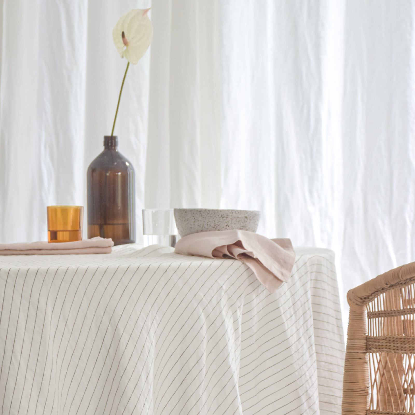 French Linen Table Cloth in Cocoa Stripe