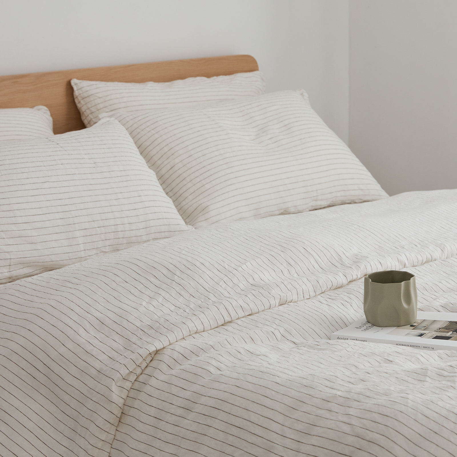 100% pure French linen Duvet Cover in Olive Stripe