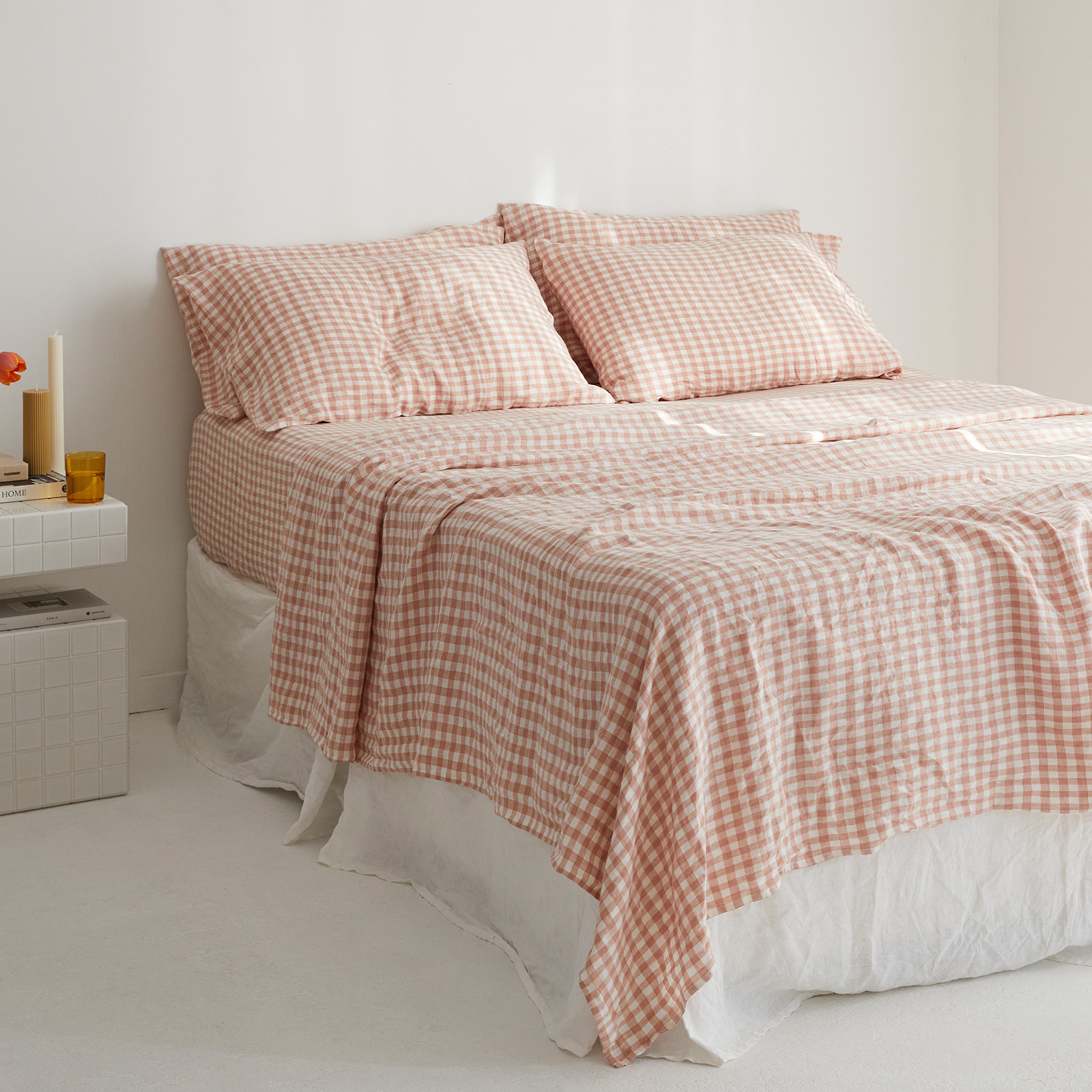 French linen Flat Sheet in CLAY Gingham