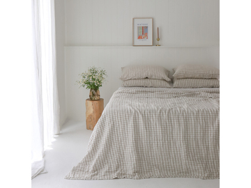 QUEEN / KING French linen Quilted Coverlet Beige Gingham